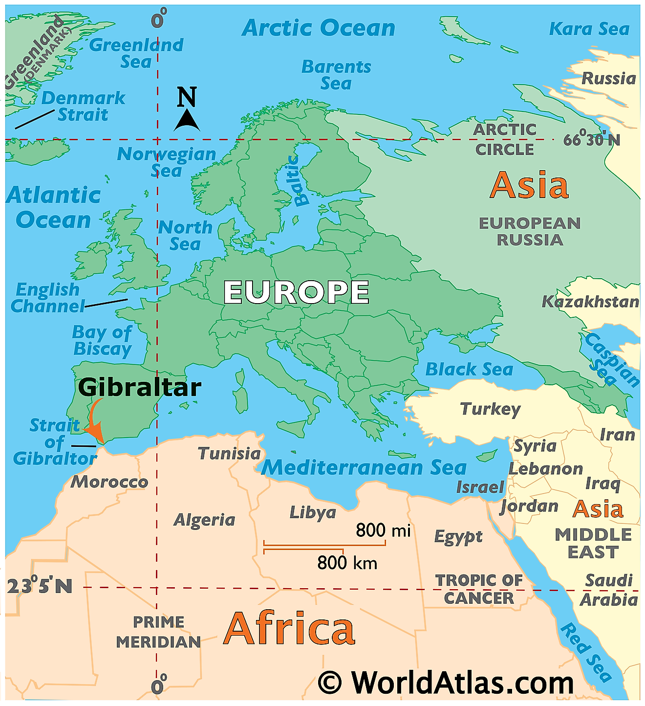 Map showing location of Gibraltar in the world.