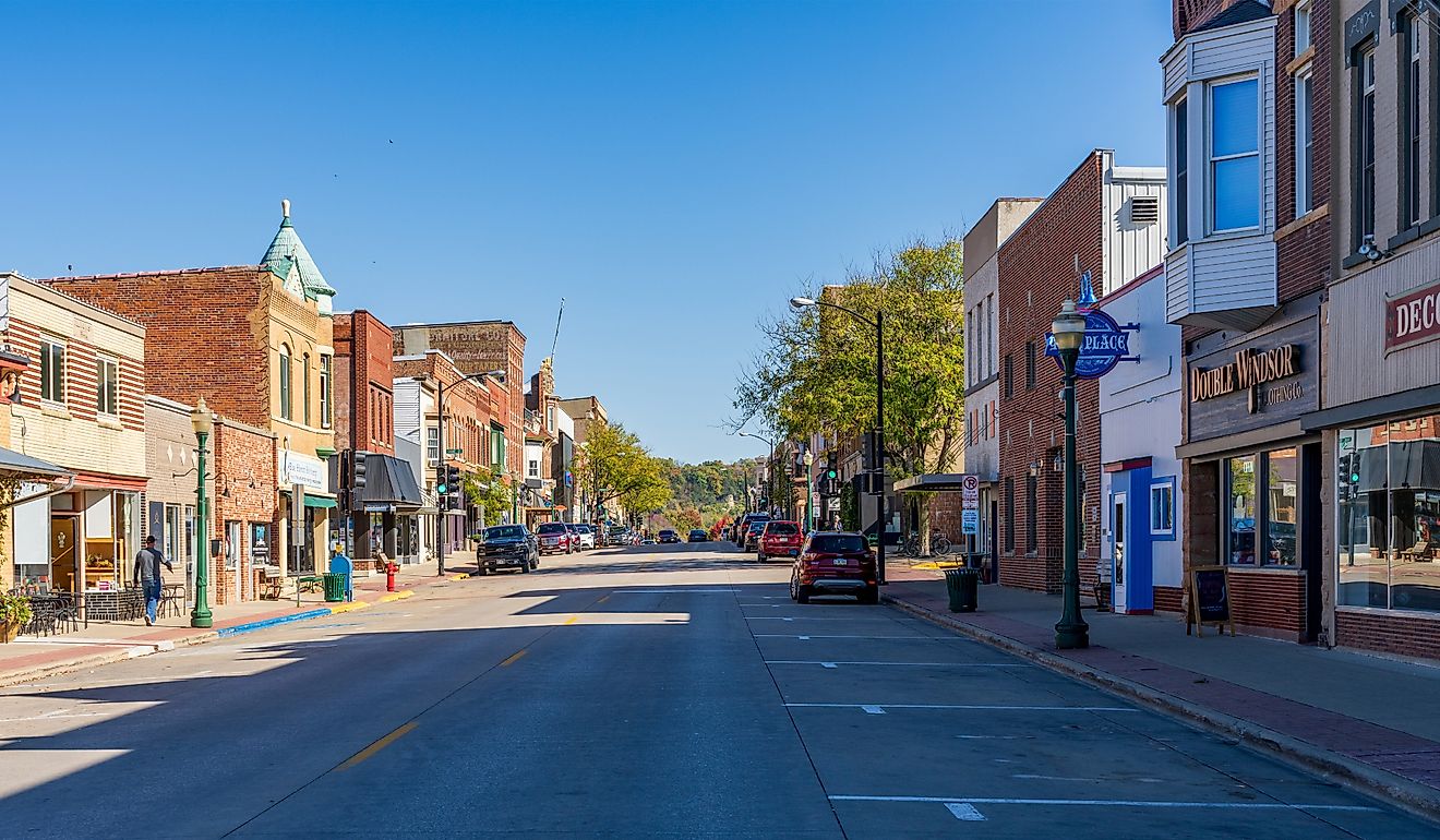 Shops and stores on Water Street in Decorah, Iowa. Image credit: Steve Heap / Shutterstock.com.