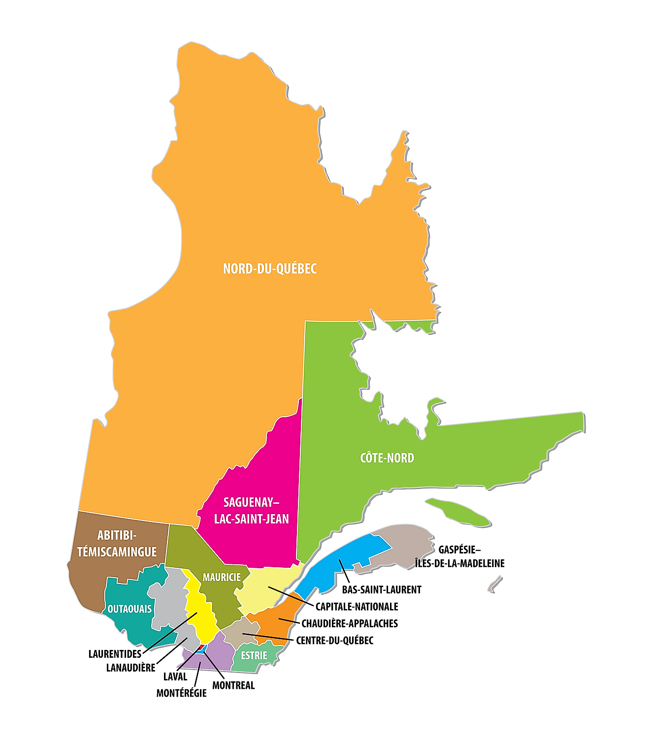 Administrative Map of Quebec showing its various administrative divisions and its capital city - Quebec City
