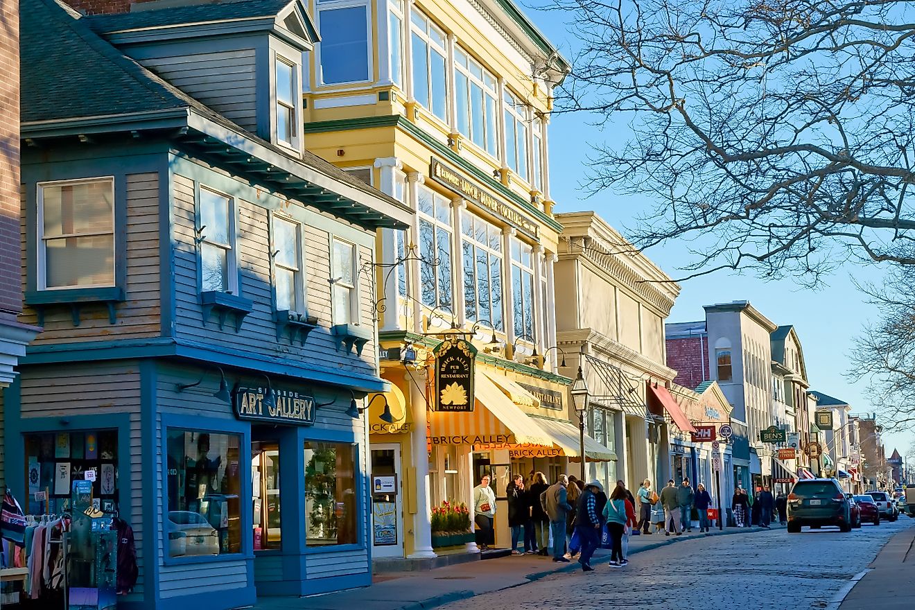 Historic Thames Street in Newport, Rhode Island. Editorial credit: Yingna Cai / Shutterstock.com