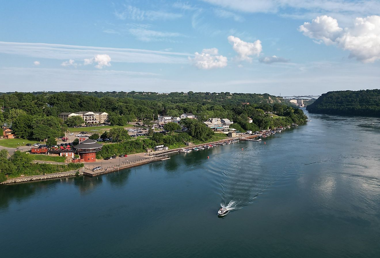 Aerial of the Niagara River and a boat at the village of Lewiston, New York. 