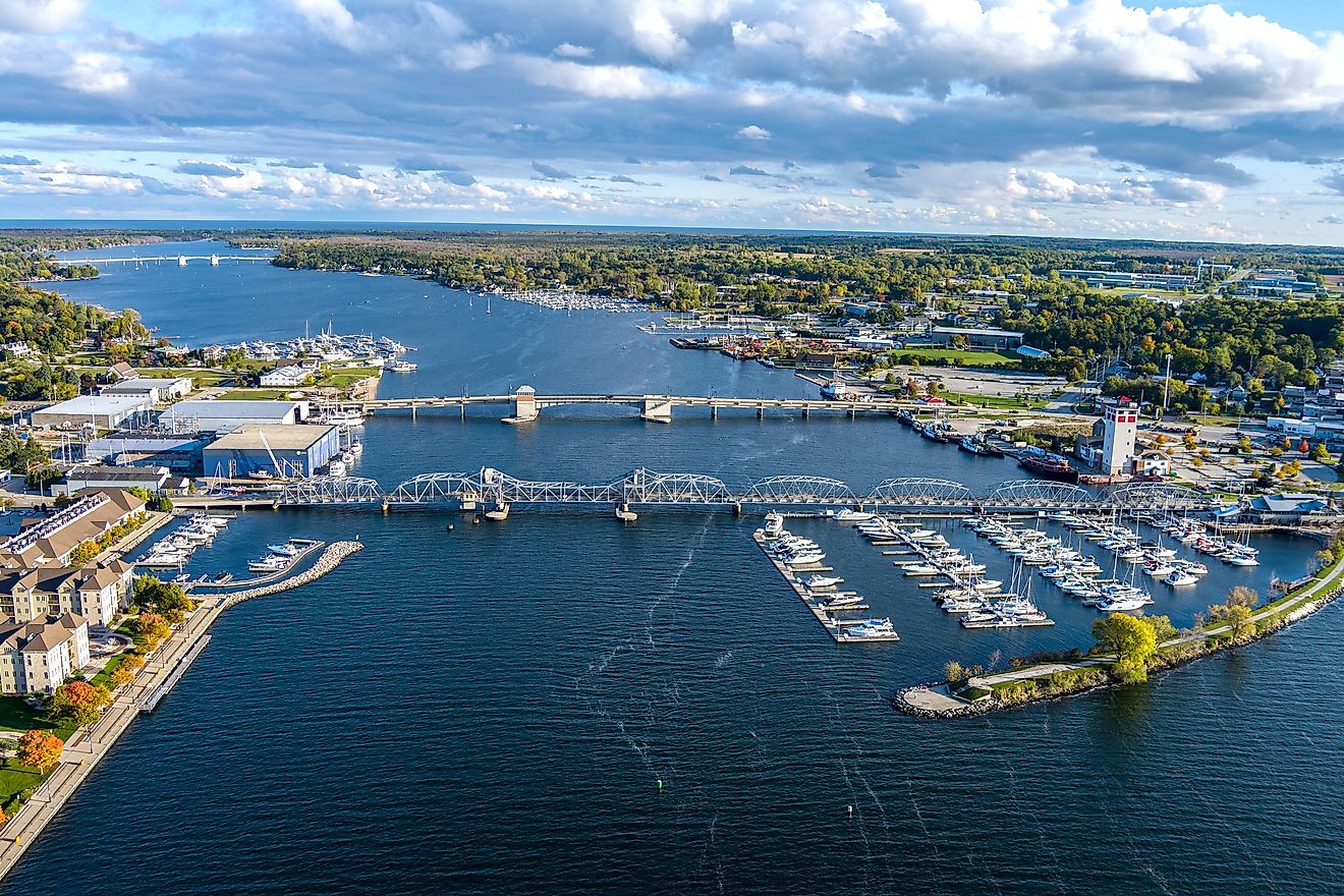 Bridge and boats located in historic Sturgeon Bay located in Door County, Wisconsin.