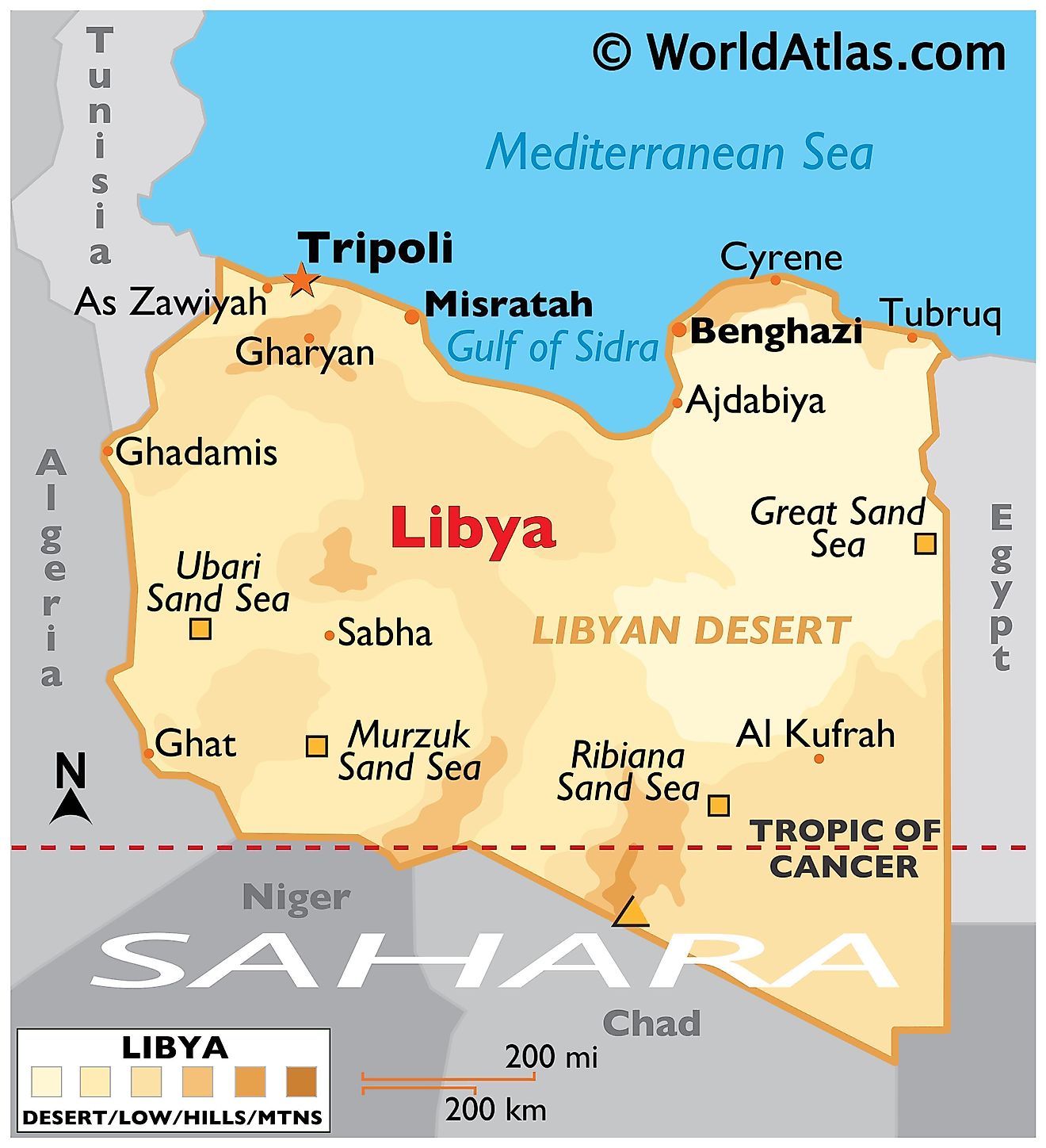 A physical map of Libya showing the country's borders, terrain, highest point, important cities, the desert and its sandy seas.