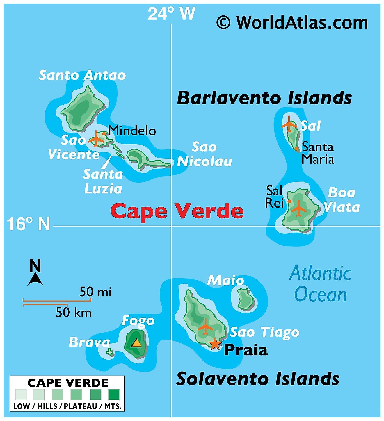 Mapa físico de Cabo Verde que muestra las principales islas, el punto más alto, el terreno, los principales asentamientos y más.