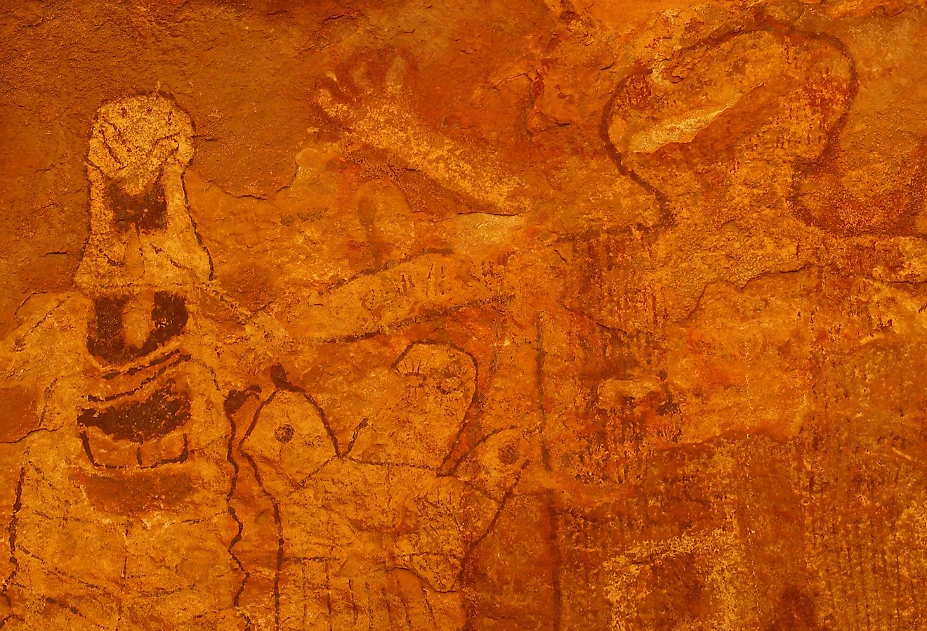 Close up of pictographs painted on cave wall by prehistoric Native American(s), possibly thousands of years old. Remote cave inside Grand Canyon National Park, Arizona.