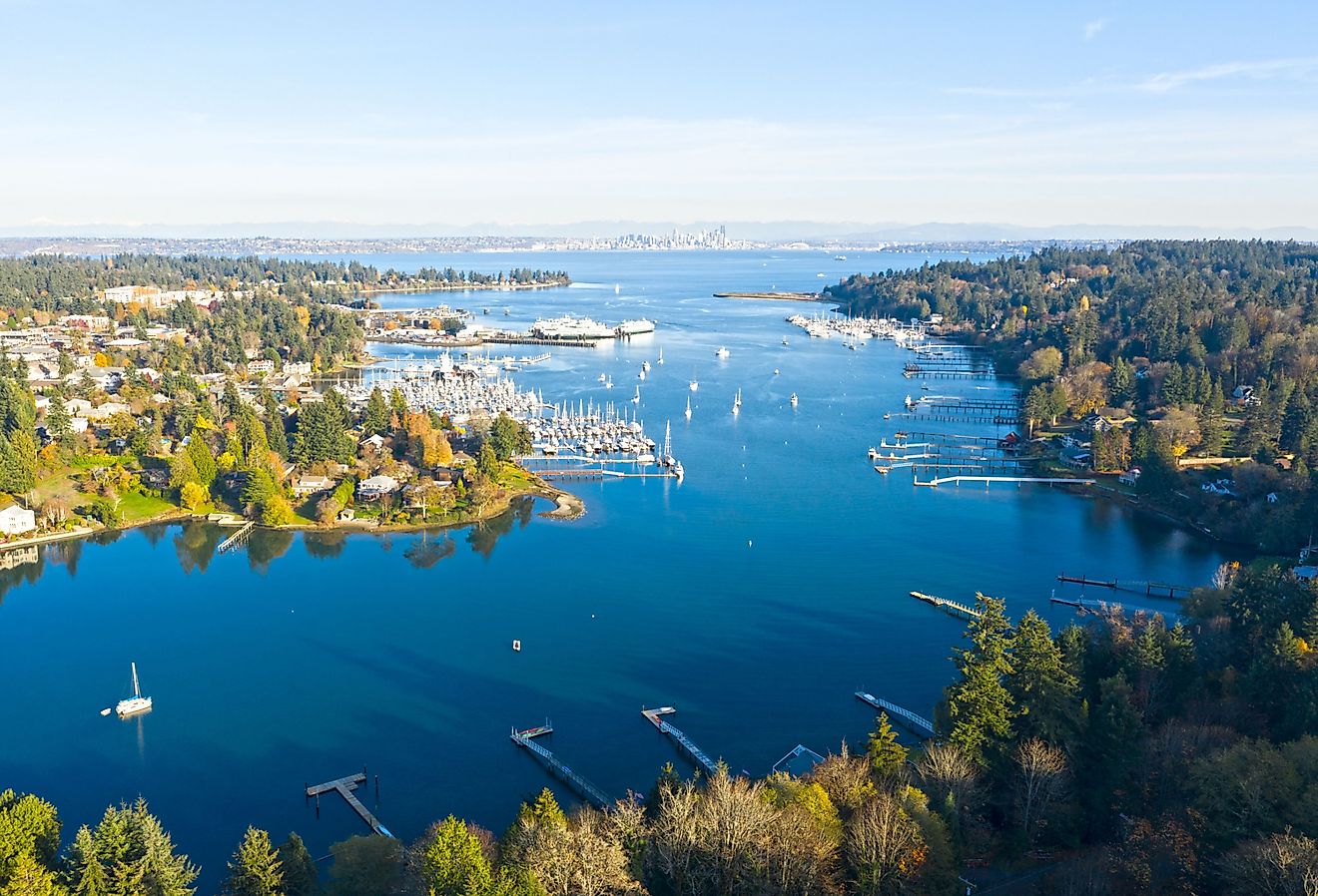 Bainbridge Island Harbor Panoramic View Winslow Washington Beautiful Sunny Day Landscape.