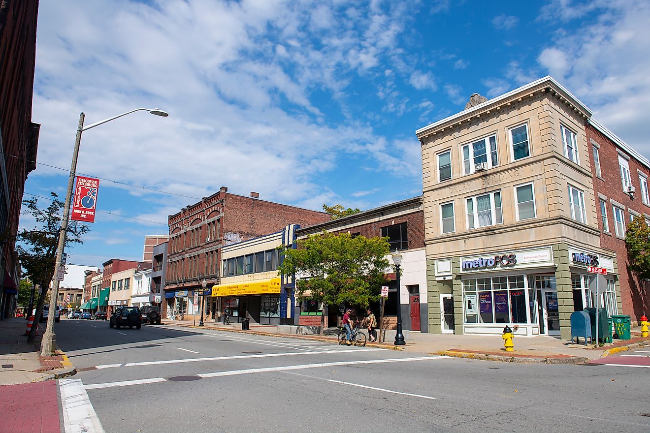 Historic commercial buildings on Main Street at Blossom Street in downtown Fitchburg, Massachusetts