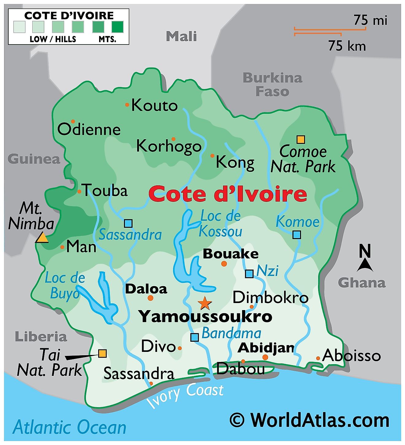 Mapa físico de Costa de Marfil que muestra los límites estatales, el relieve, los principales ríos, lagos, parques nacionales, la montaña más alta y las ciudades importantes.