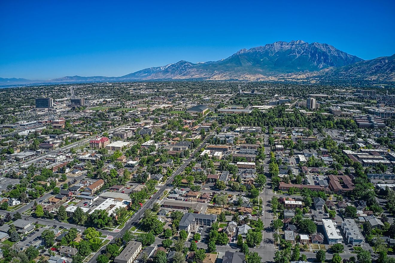 Aerial view of Downtown Provo during summer. 