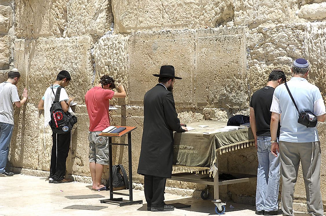 Jews at prayer at Western (or Wailing) Wall In Jerusalem, Israel