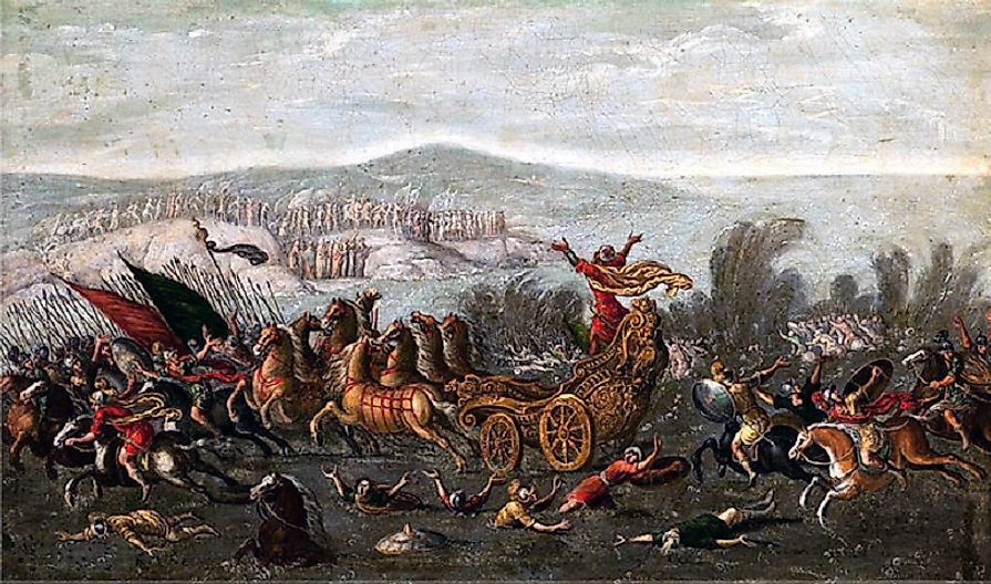 The armies of Egypt pursuing the Israelites in their Exodus into the parted waters of the Red Sea.