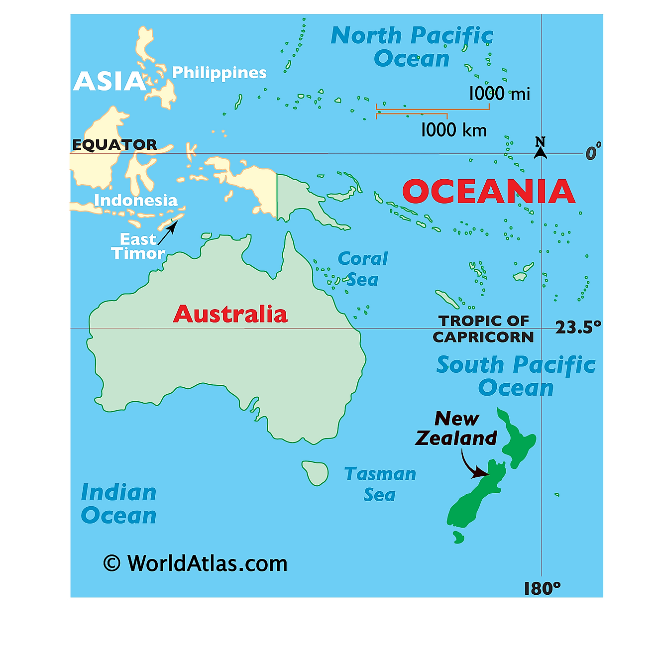 Map showing location of New Zealand in the world.