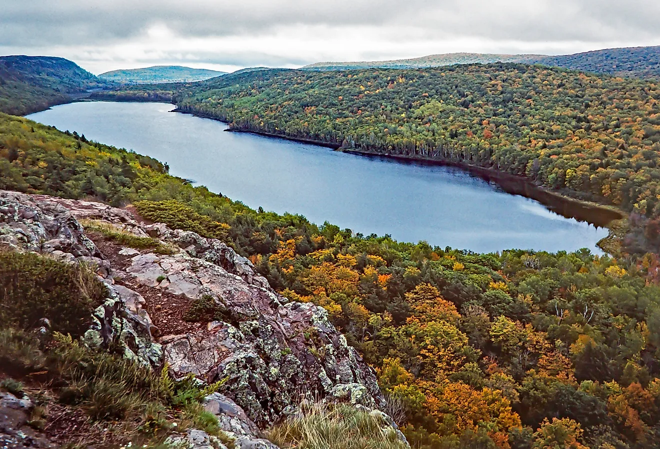 A bird’s eye view of autumn on Lake of the Clouds in the Porcupine Mountains Wilderness State Park in Michigan’s Upper Peninsula.