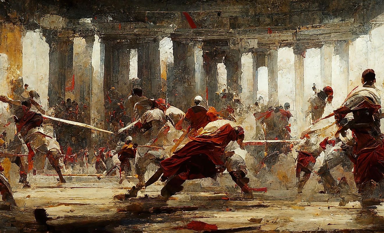 Gladiators fight in a coliseum, featured in a historic painting. Image credits DigitalAssetArt via Shutterstock