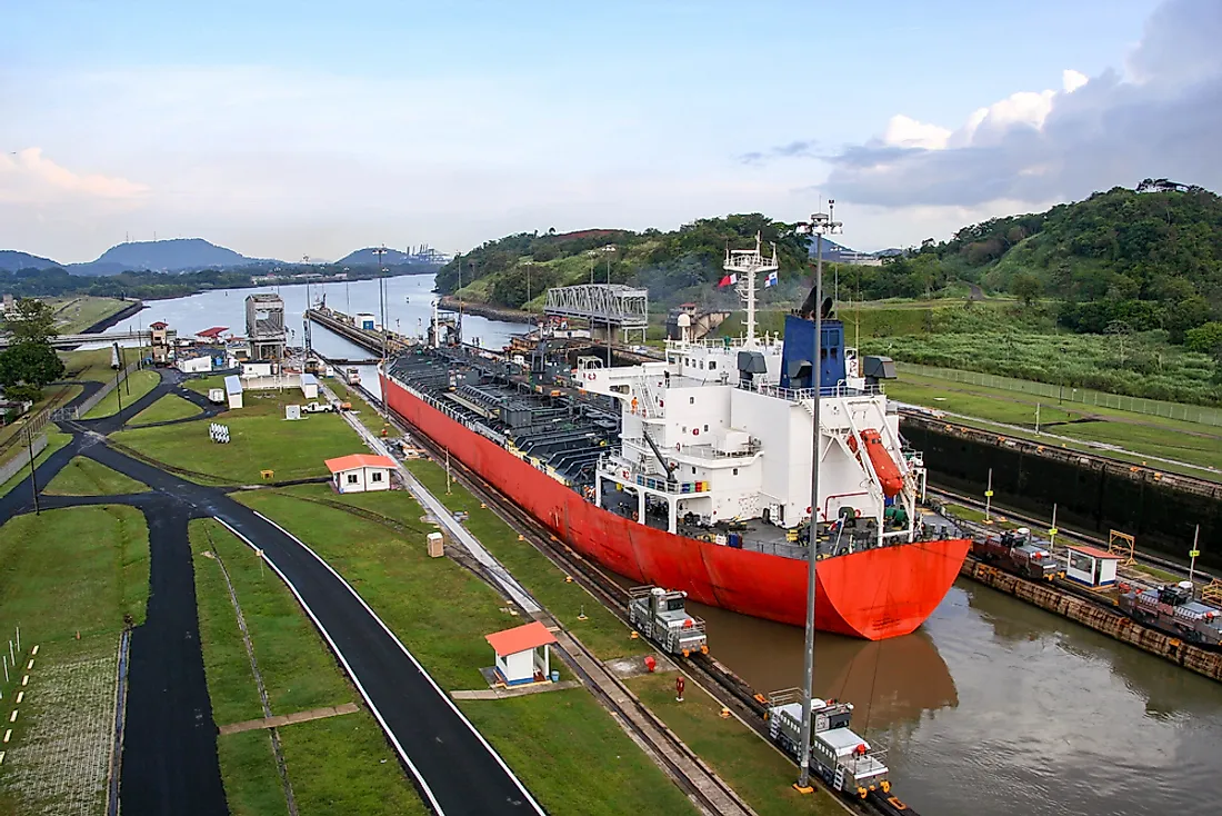 A ship sits in the Panama Canal. 