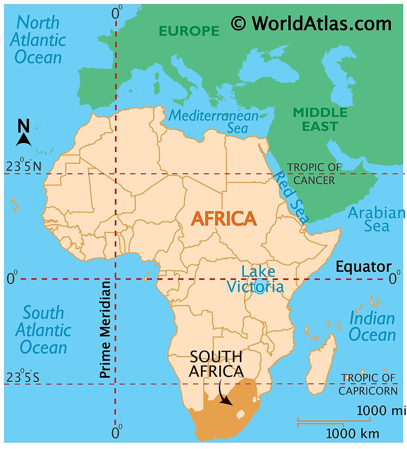 Map showing location of South Africa in the world.