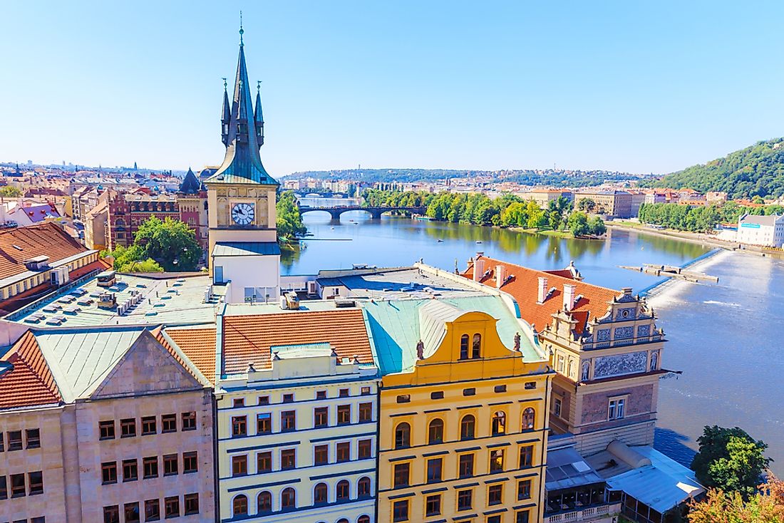 In Czechia, the city of Prague sits on the Vltava Rive, the longest river wholly within the country. 