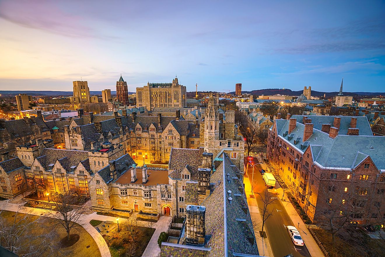 Historical building and Yale university campus in downtown New Haven CT, USA.