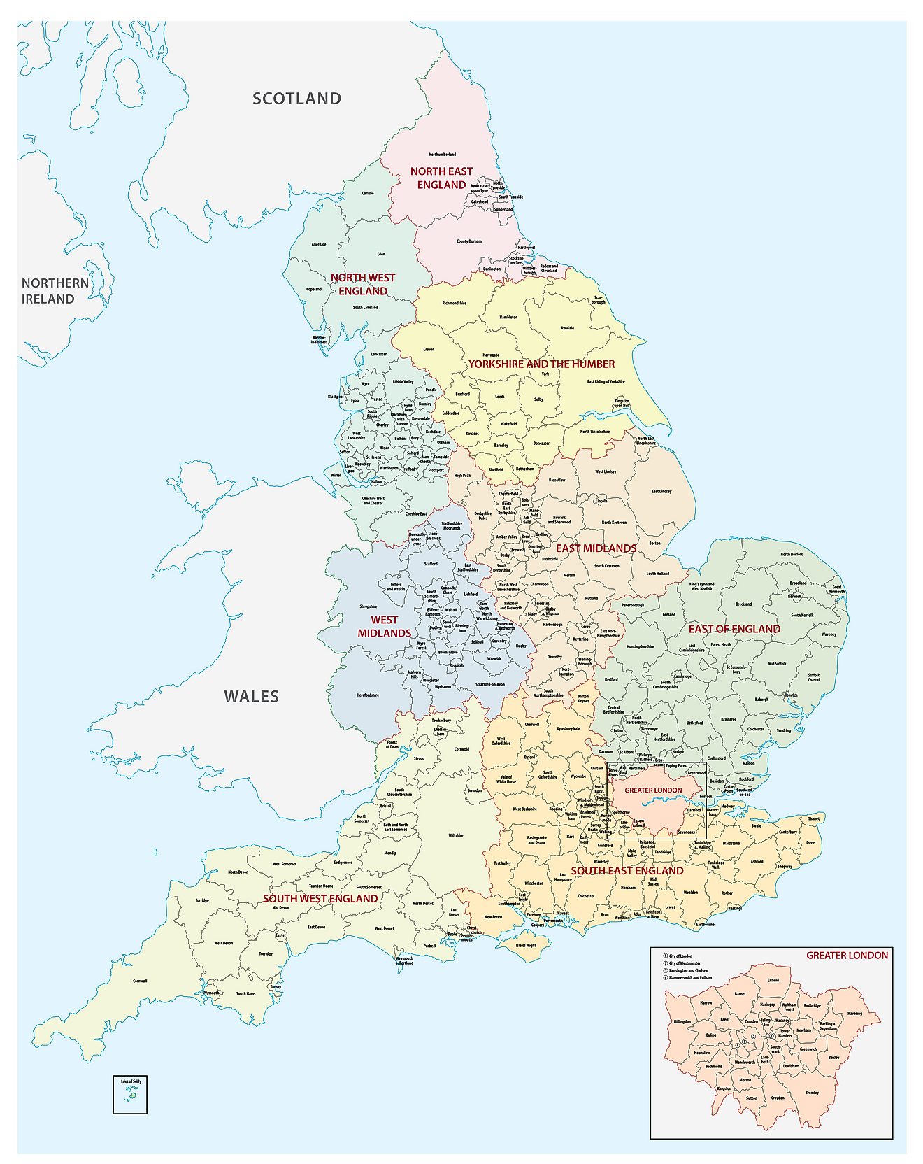 Administrative Map of England showing its 9 regions and its capital city - London