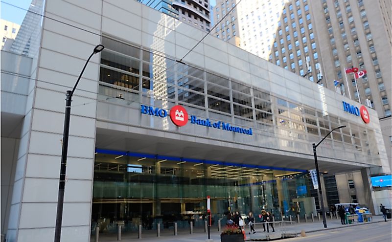 Entrance of BMO Bank of Montreal head office in Toronto’s financial district. Editorial credit: Brian Senic / Shutterstock.com