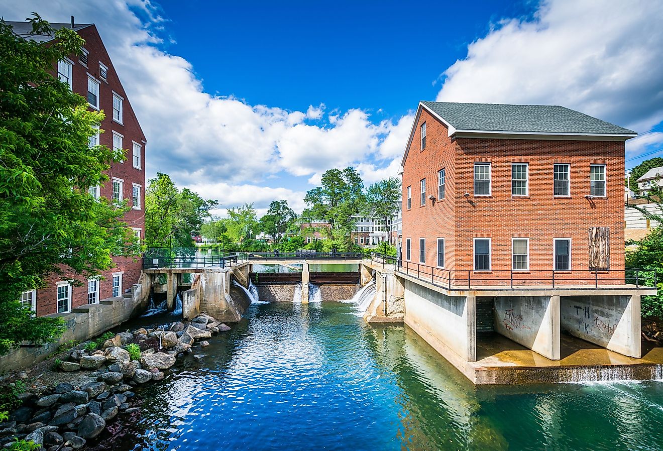 Historic buildings along the Winnipesaukee River, in Laconia, New Hampshire.