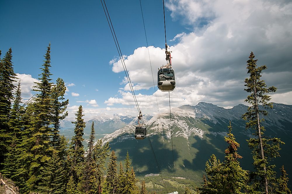 Gondolas traveling up Sulphur Mountain. 