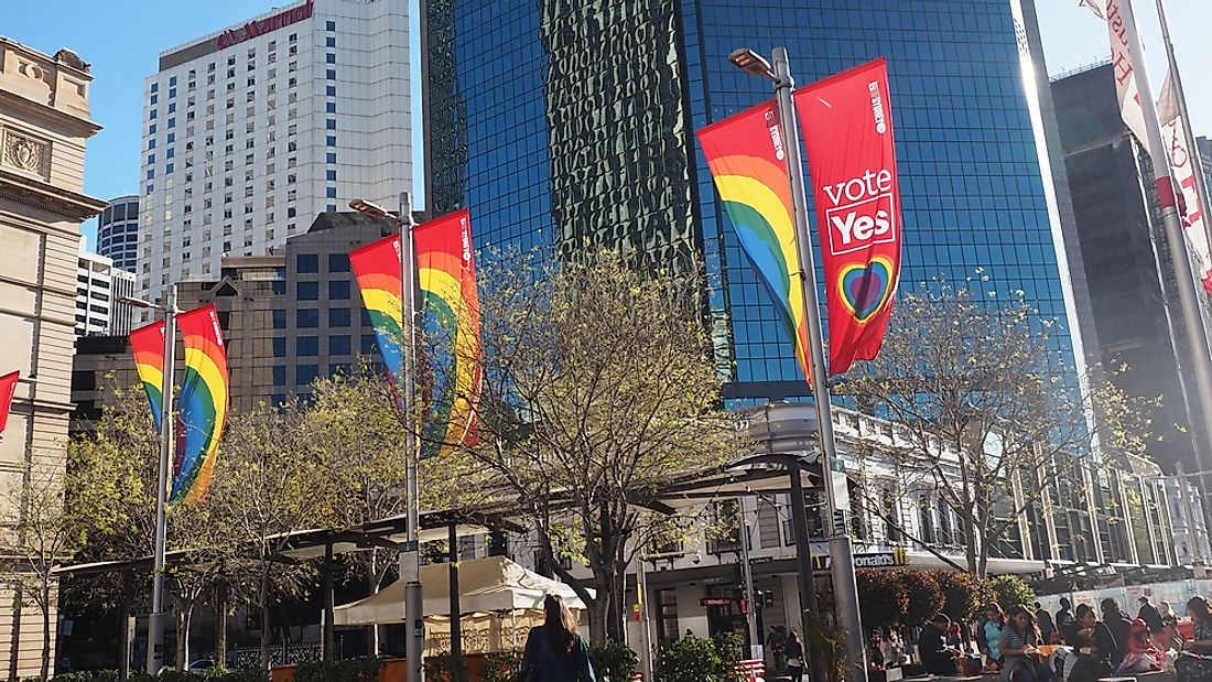 Banners in the Australian city of Sydney supporting same-sex marriage. Editorial credit: SAKARET / Shutterstock.com