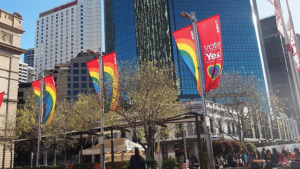 Banners in the Australian city of Sydney supporting same-sex marriage. Editorial credit: SAKARET / Shutterstock.com