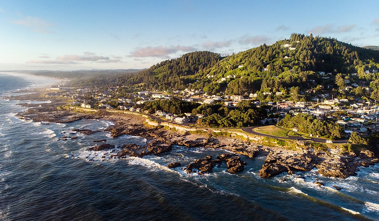 Yachats town on the rugged Oregon coast during a beautiful sunset. 