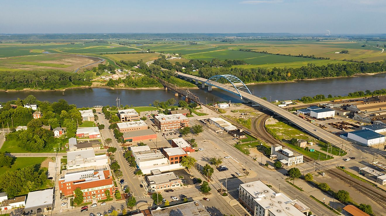Aerial view over downtown city center of Atchison Kansas in mid morning light