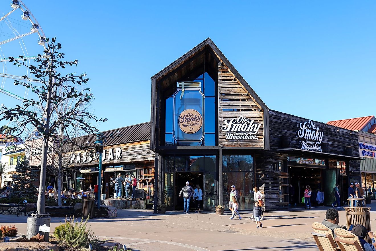A view of the exterior of the Ole Smoky Tennessee Moonshine at The Island in Pigeon Forge, Tennessee. Editorial credit: robin gentry / Shutterstock.com