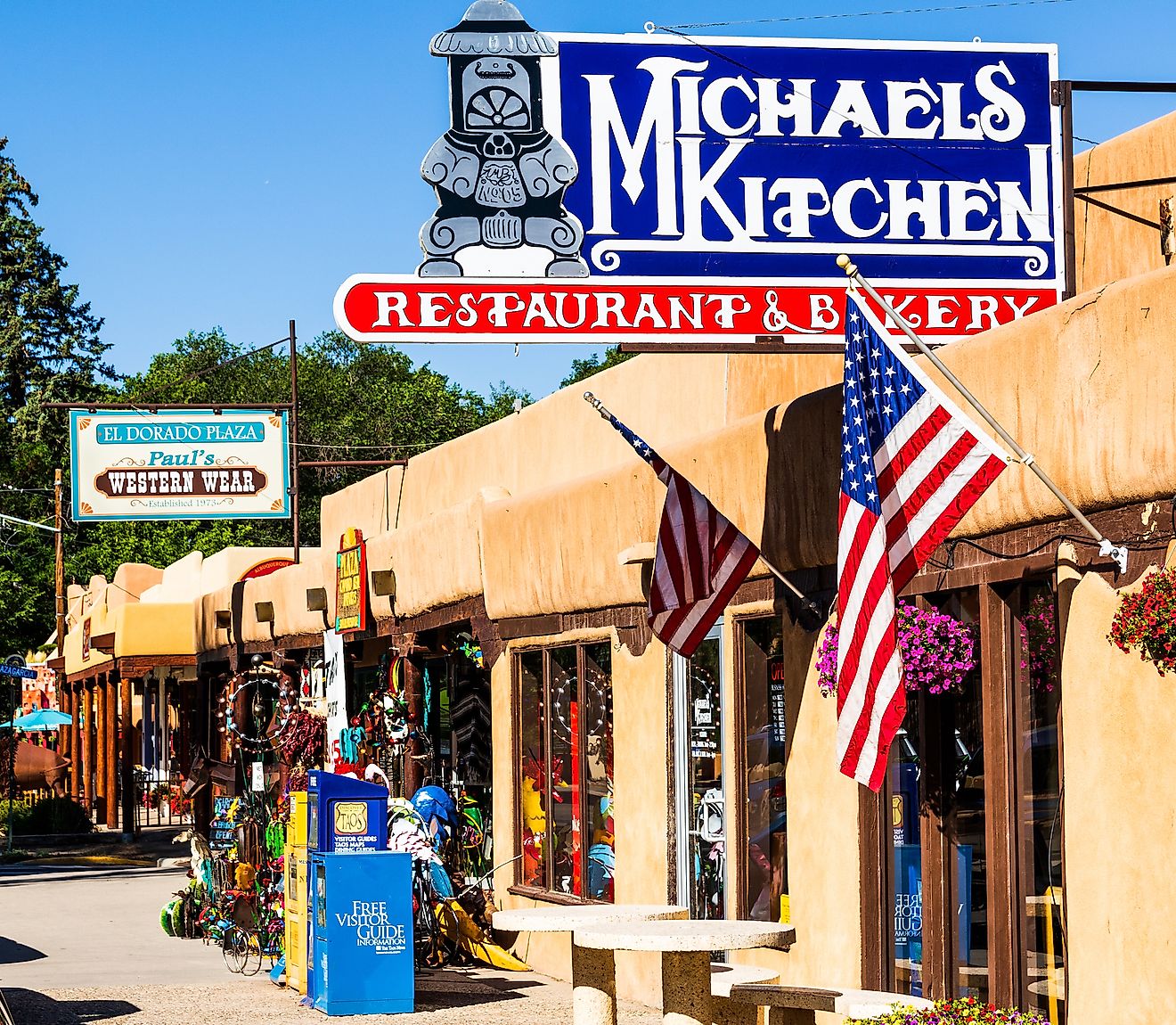 A colorful sidewalk scene in the Old Town of Taos. Editorial credit: Nolichuckyjake / Shutterstock.com