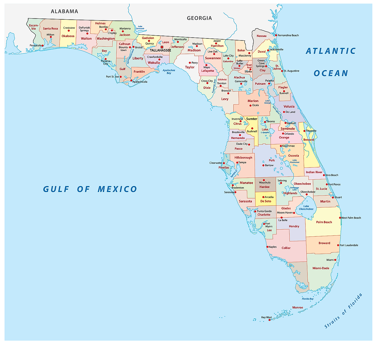 Mapa administrativo de Florida que muestra sus 67 condados y su ciudad capital - Tallahassee