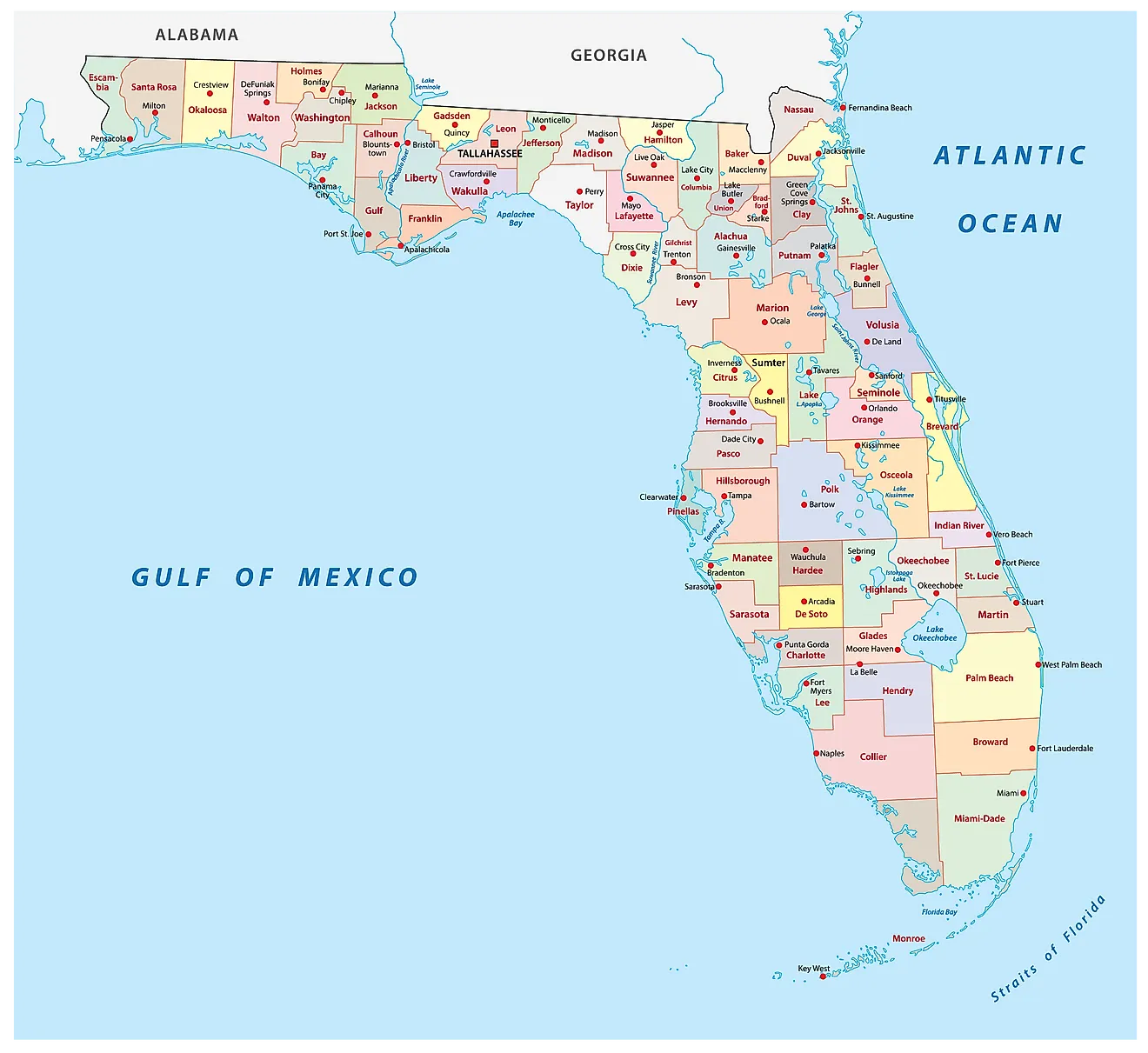 Mapa administrativo de Florida que muestra sus 67 condados y su ciudad capital - Tallahassee