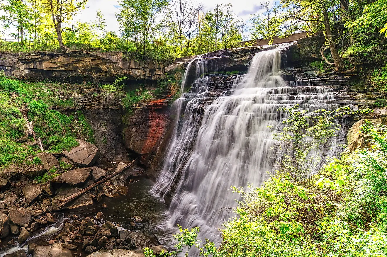 The mammoth waterfall is set amidst dense foliage and river rock at Cuyahoga Valley National Park in Ohio.