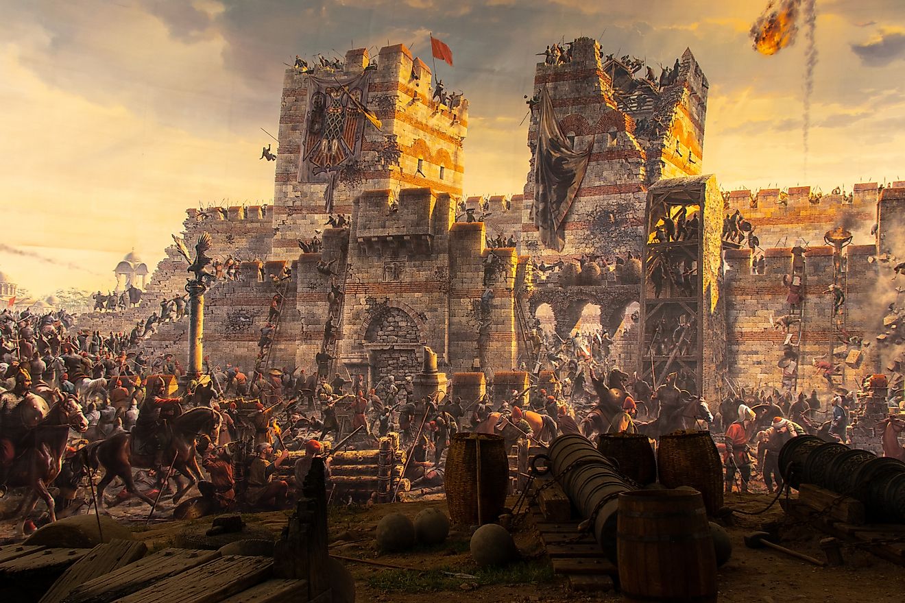 Panoramic painting inside Panorama Museum 1453 in Istanbul, Turkey, illustrating the fall of Constantinople led by Sultan Mehmet. Image Credit: Nurlan Mammadzada / Shutterstock