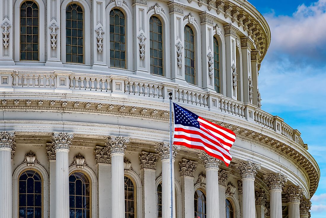 American flag in front of the Capitol Building in Washington, DC. 