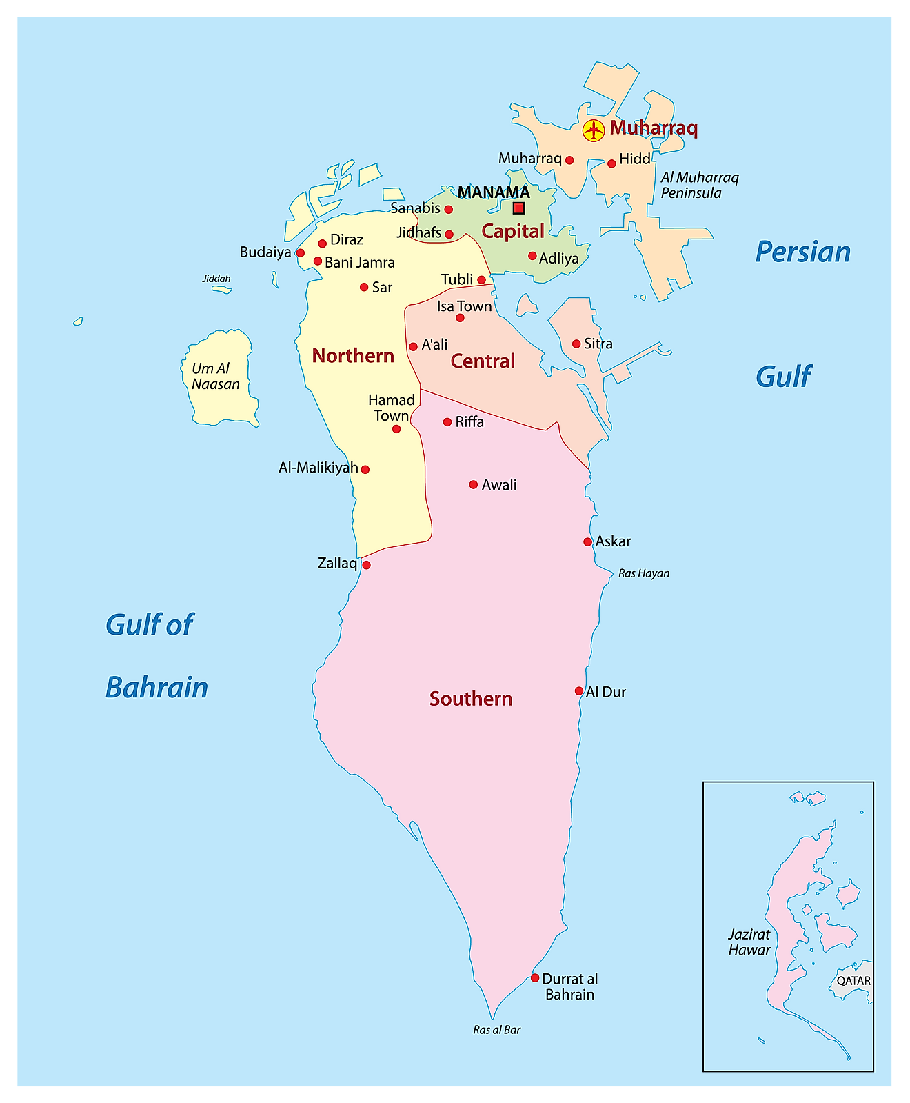 Political Map of Bahrain showing 4 governorates, their capitals, and the national capital of Manama.