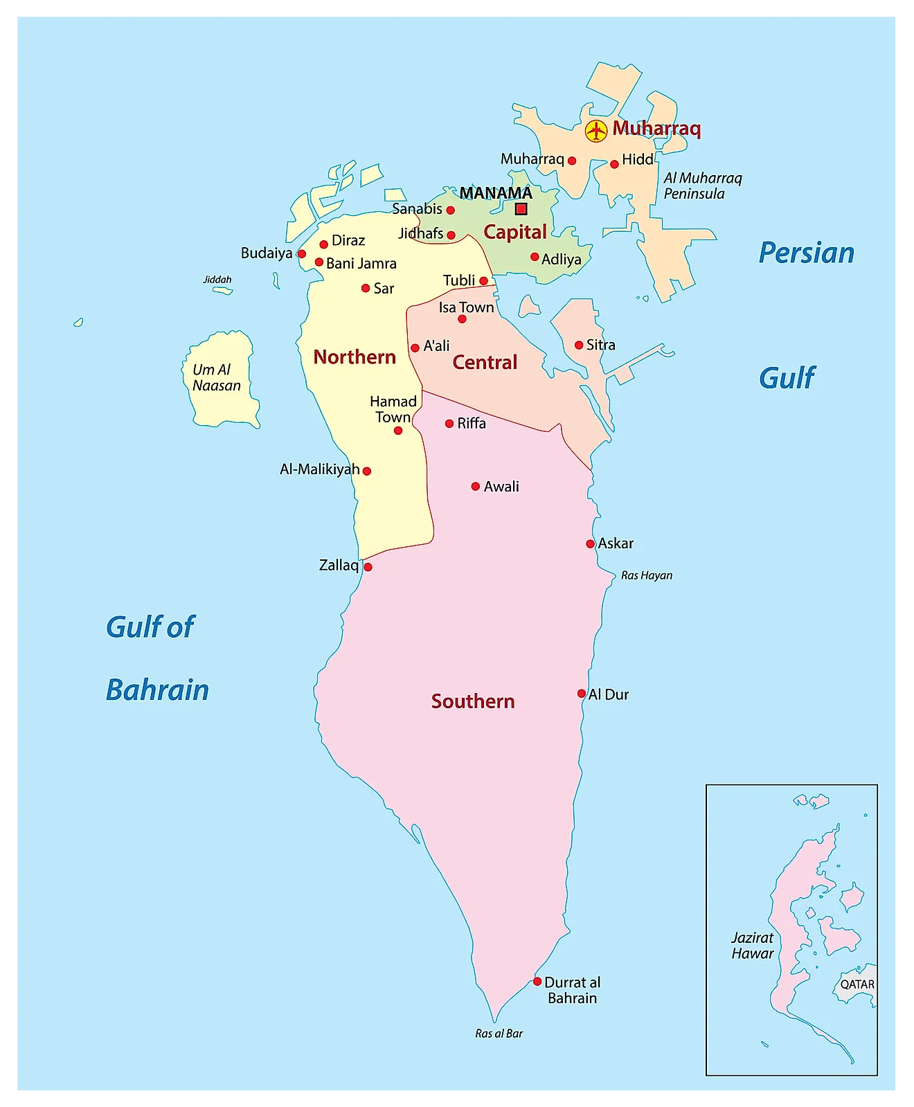 Mapa político de Bahrein que muestra 4 gobernaciones, sus capitales y la capital nacional de Manama.