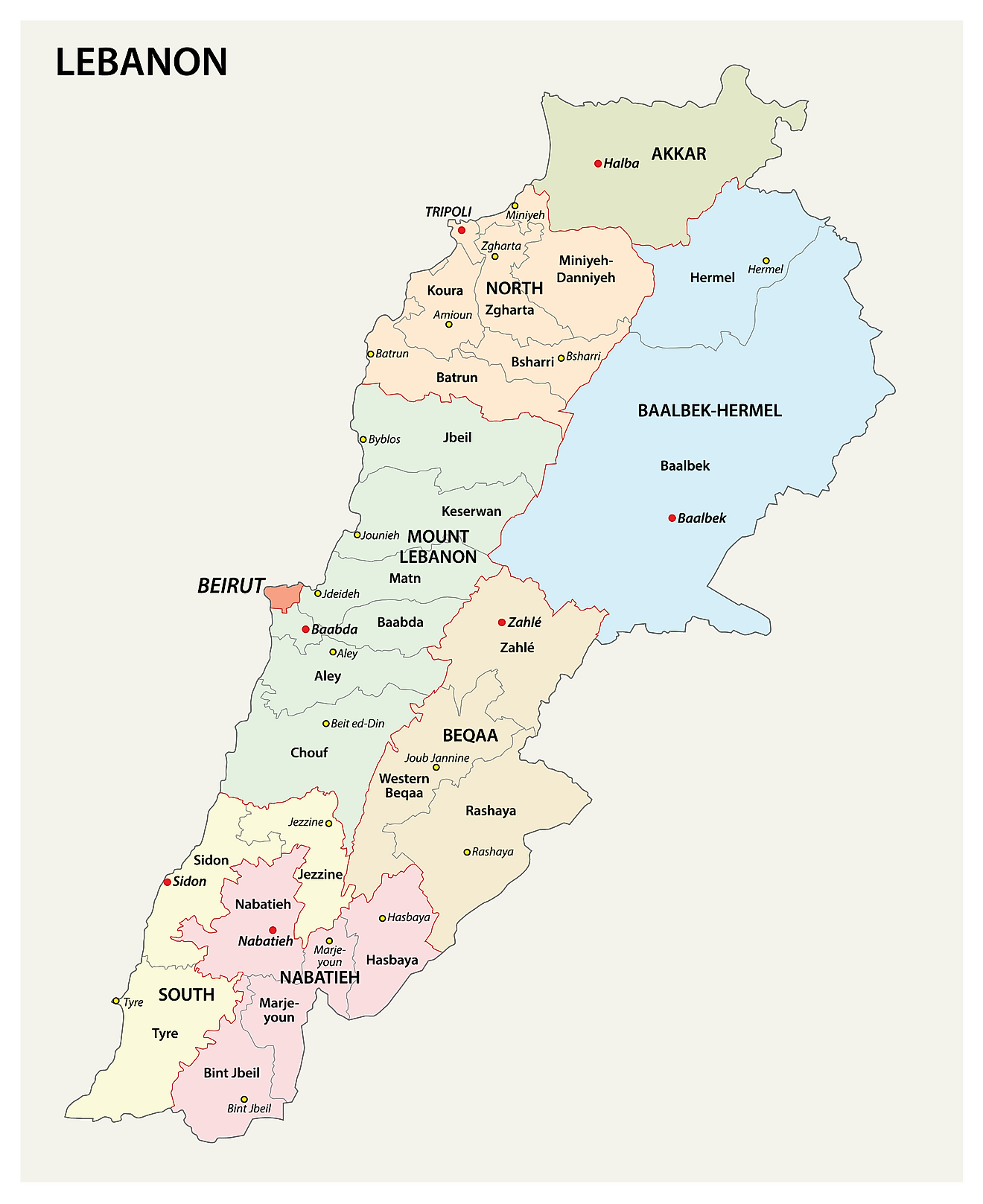 Mapa político del Líbano que muestra las 8 gobernaciones, sus capitales y la capital nacional de Beirut.