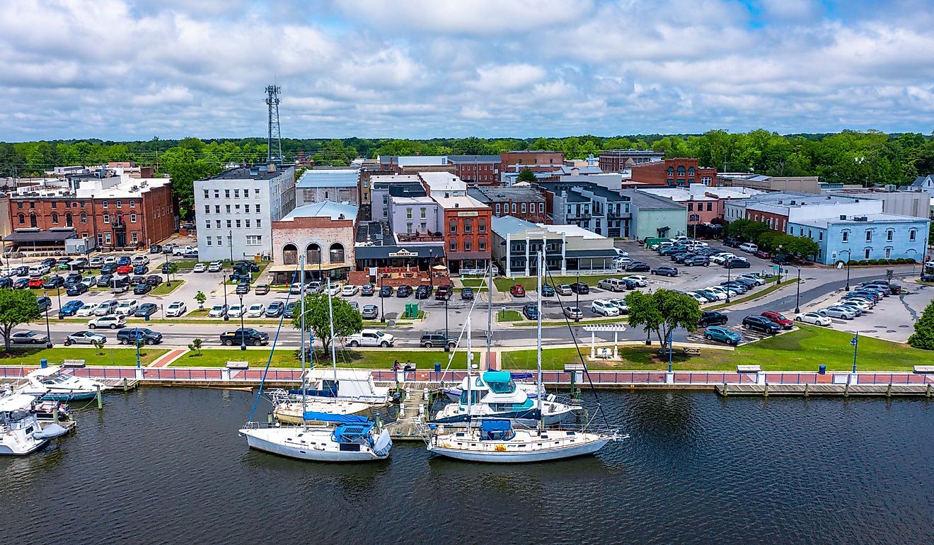 Aerial view of boats at the marina on the river near Washington, North Carolina. Editorial credit: Kyle J Little / Shutterstock.com