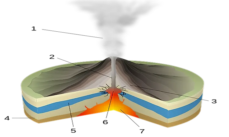 A scheme of a phreatic eruption: 1: water vapor cloud, 2: magma conduit, 3: layers of lava and ash, 4: stratum, 5: water table, 6: explosion, 7: magma chamber.