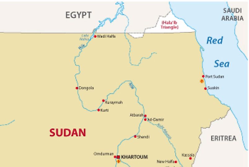 Map showing Bir Tawil (white) between Egypt and Sudan. 