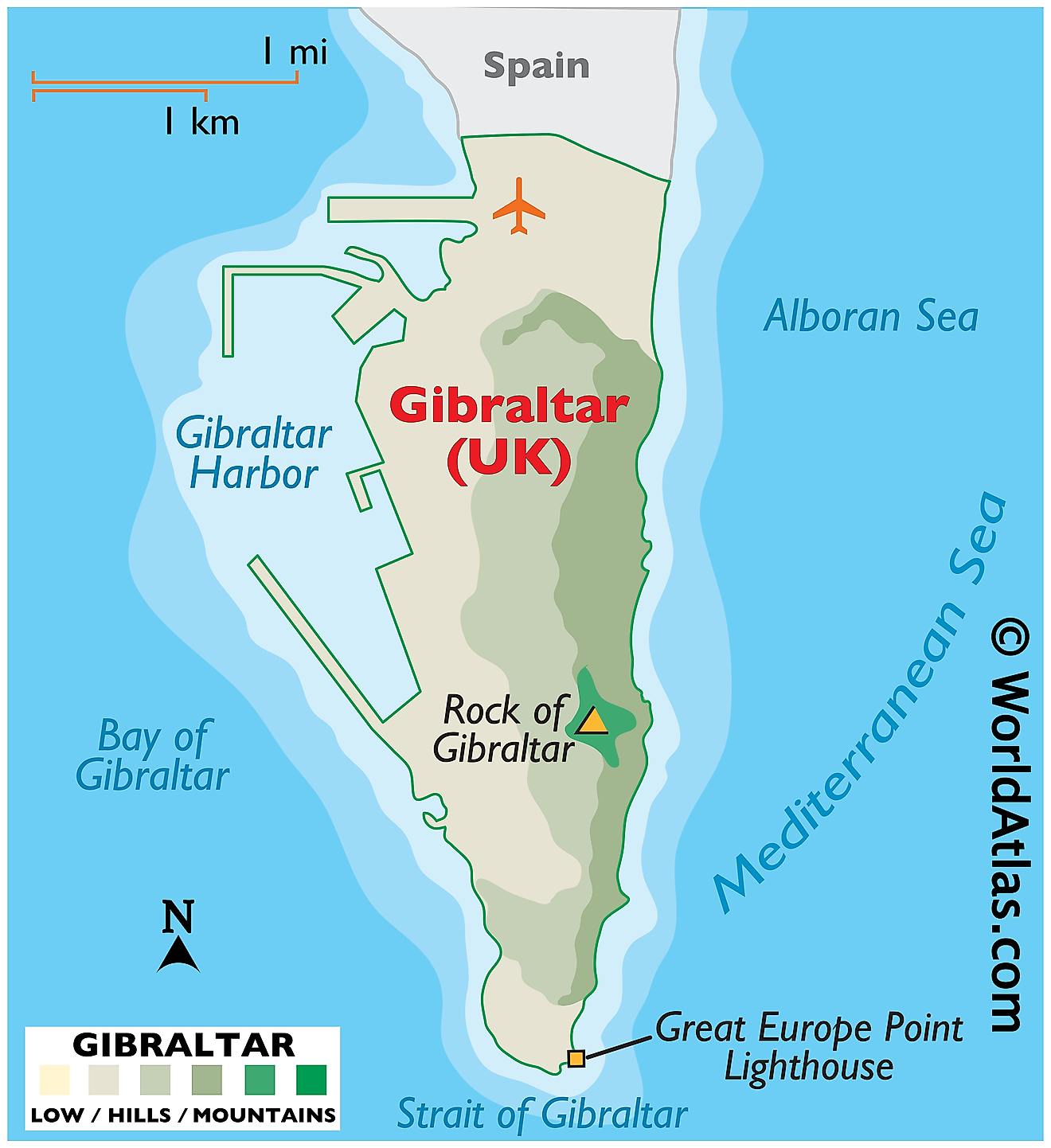 Physical Map of Gibraltar. It shows the physical features of Gibraltar including "The Rock". 