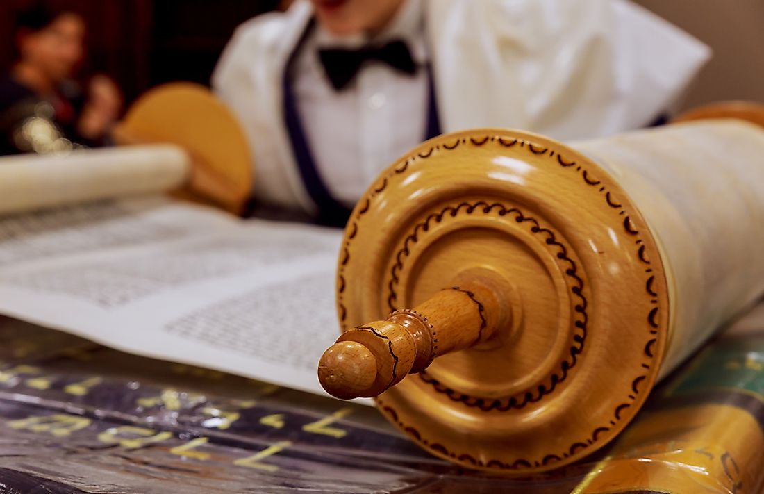 The scroll of a Torah in a synagogue. 