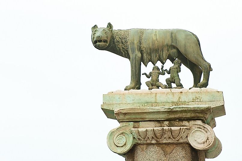 Romulus and Remus being nursed by a legendary wolf. Romulus was the first of the Seven Kings to head the Roman Kingdom.