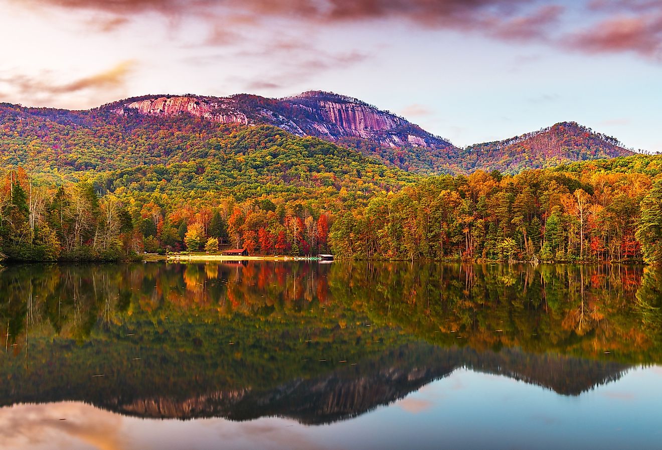 Table Rock Mountain in Pickens, South Carolina, lake view in autumn at dusk.