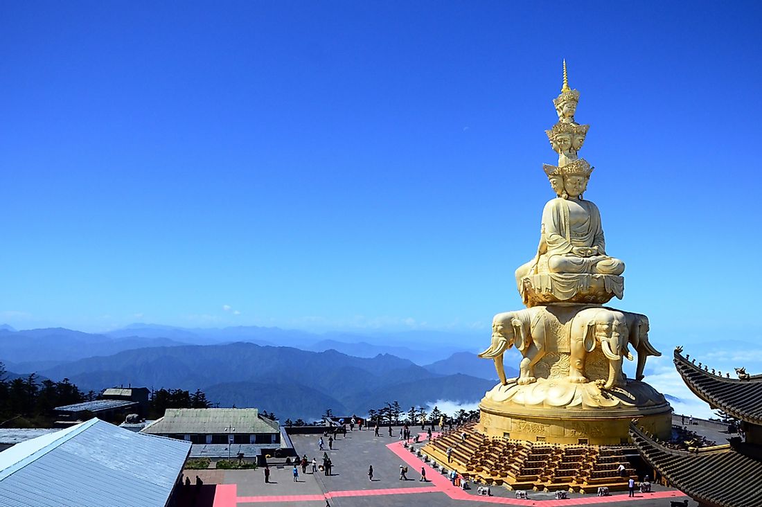 The statue of Buddha seen at the top of Mount Emei. 