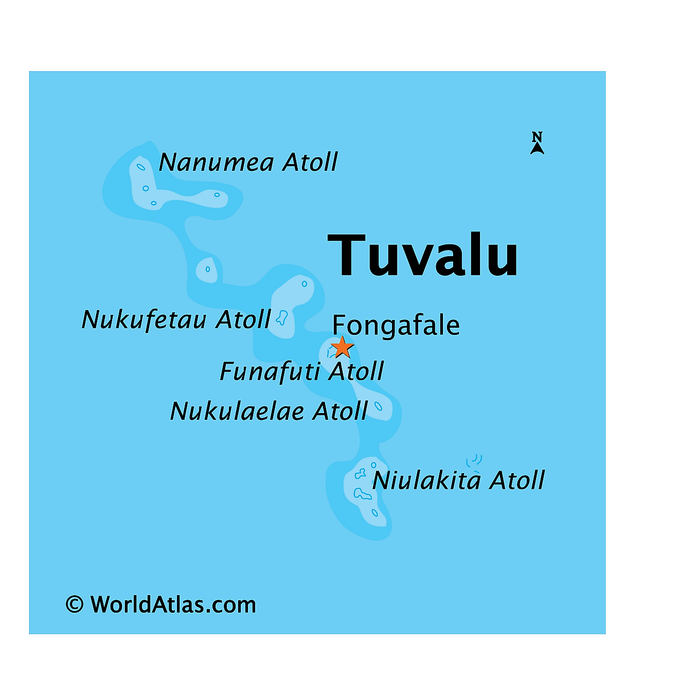 Physical Map of Tuvalu. It shows the physical features of Tuvalu, its three reef islands and six true coral atolls. 