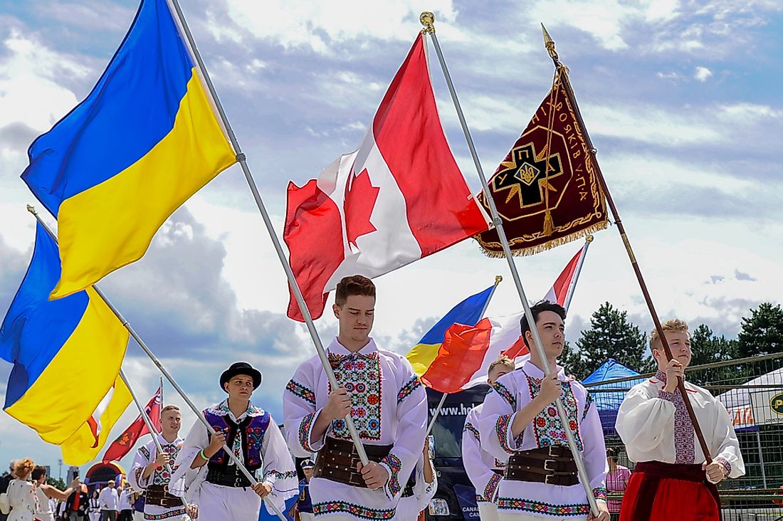 Members of the Ukrainian diaspora in Canada celebrate Ukrainian Independence Day. Editorial credit: ACHPF / Shutterstock.com.